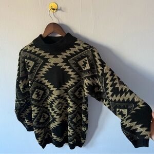Vintage 1980s metallic sweater gladysbagley small gold black modern zigzag aztec
